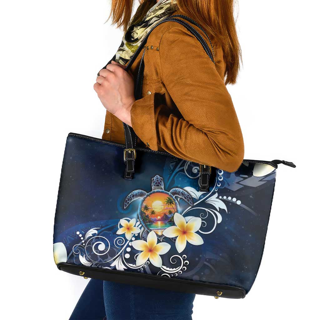 Hawaii Honu Leather Tote Bag Polynesian Curves Plumeria - Polynesian Pride