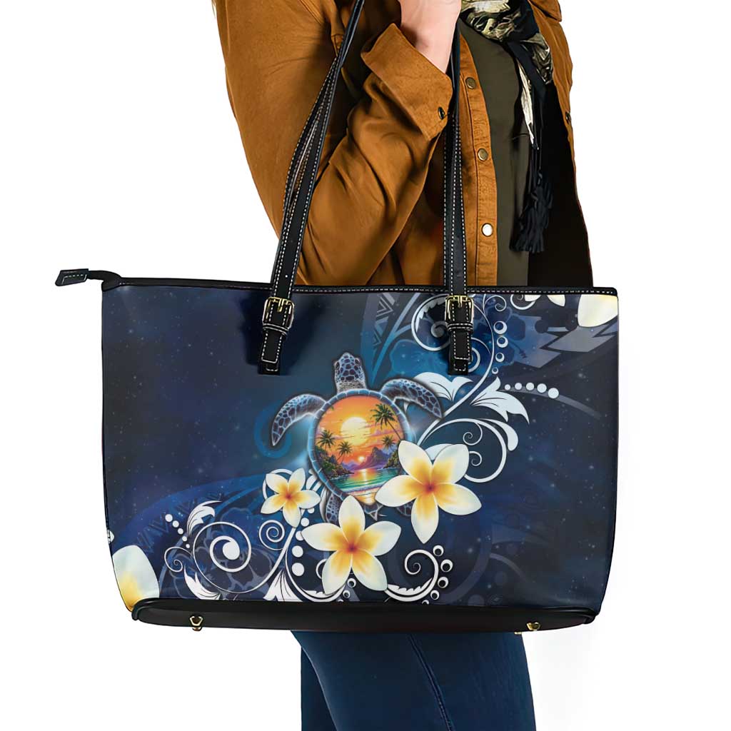 Hawaii Honu Leather Tote Bag Polynesian Curves Plumeria - Polynesian Pride