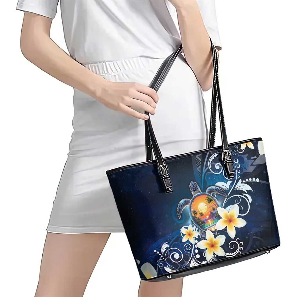 Hawaii Honu Leather Tote Bag Polynesian Curves Plumeria - Polynesian Pride