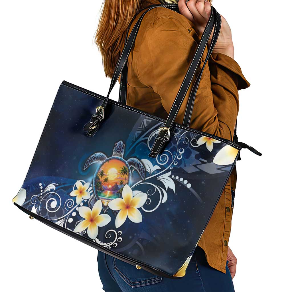 Hawaii Honu Leather Tote Bag Polynesian Curves Plumeria - Polynesian Pride