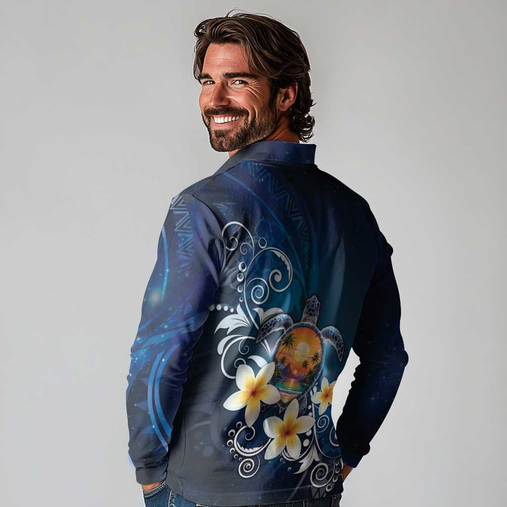 Hawaii Honu Long Sleeve Polo Shirt Polynesian Curves Plumeria - Polynesian Pride