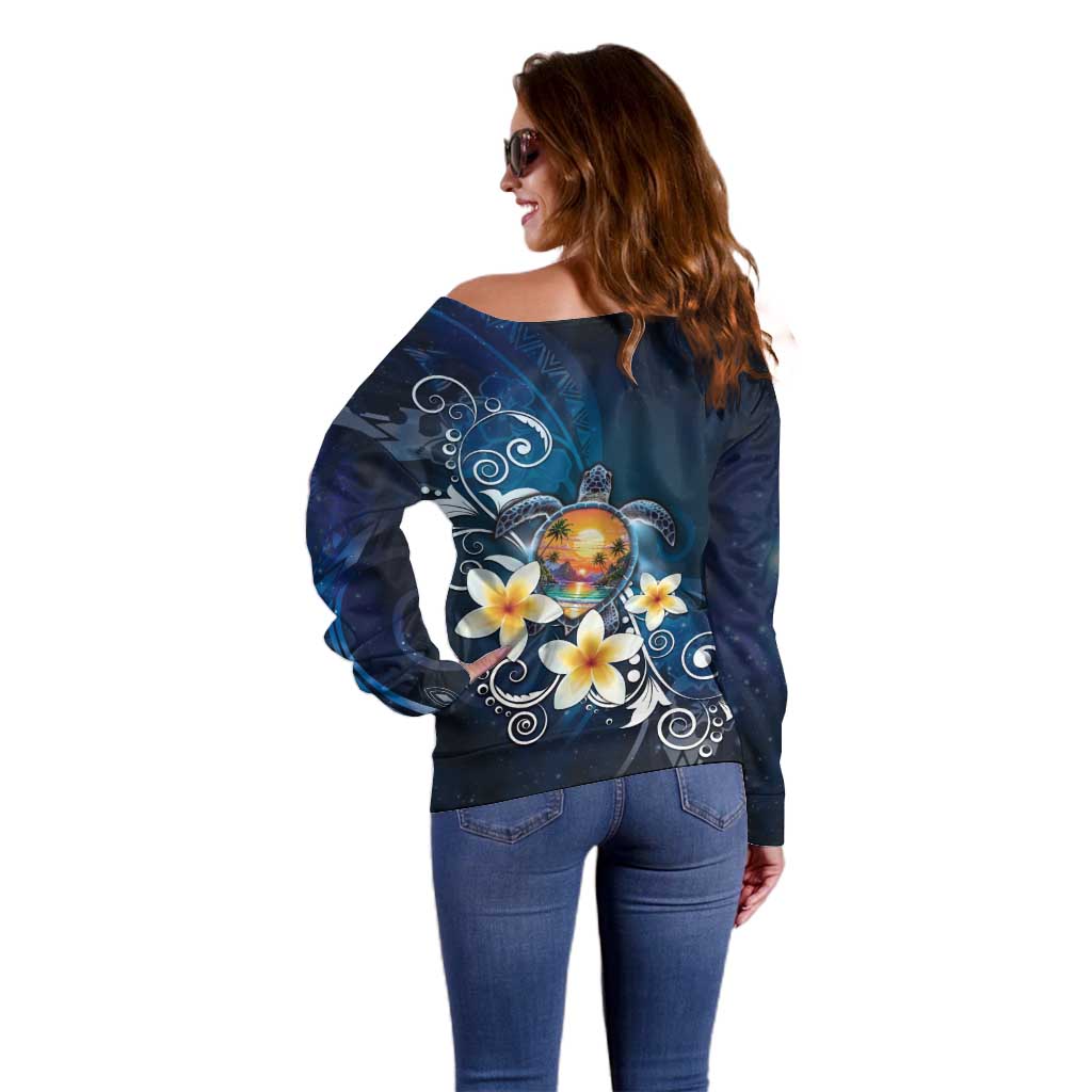 Hawaii Honu Off Shoulder Sweater Polynesian Curves Plumeria - Polynesian Pride