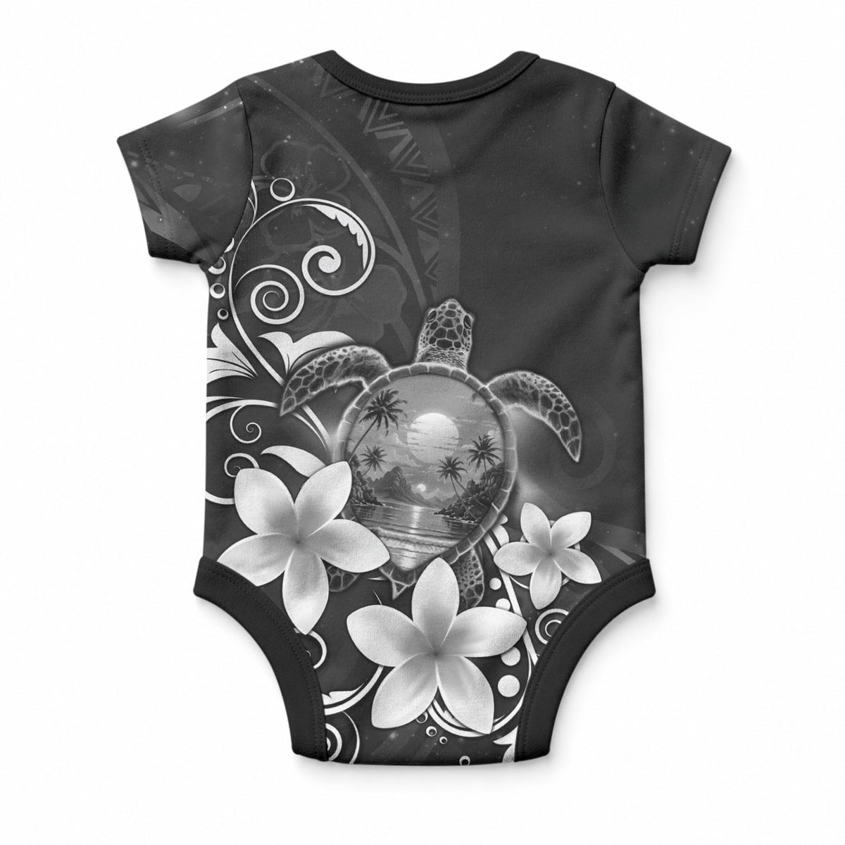 Hawaii Honu Baby Onesie Polynesian Curves Plumeria Grayscale