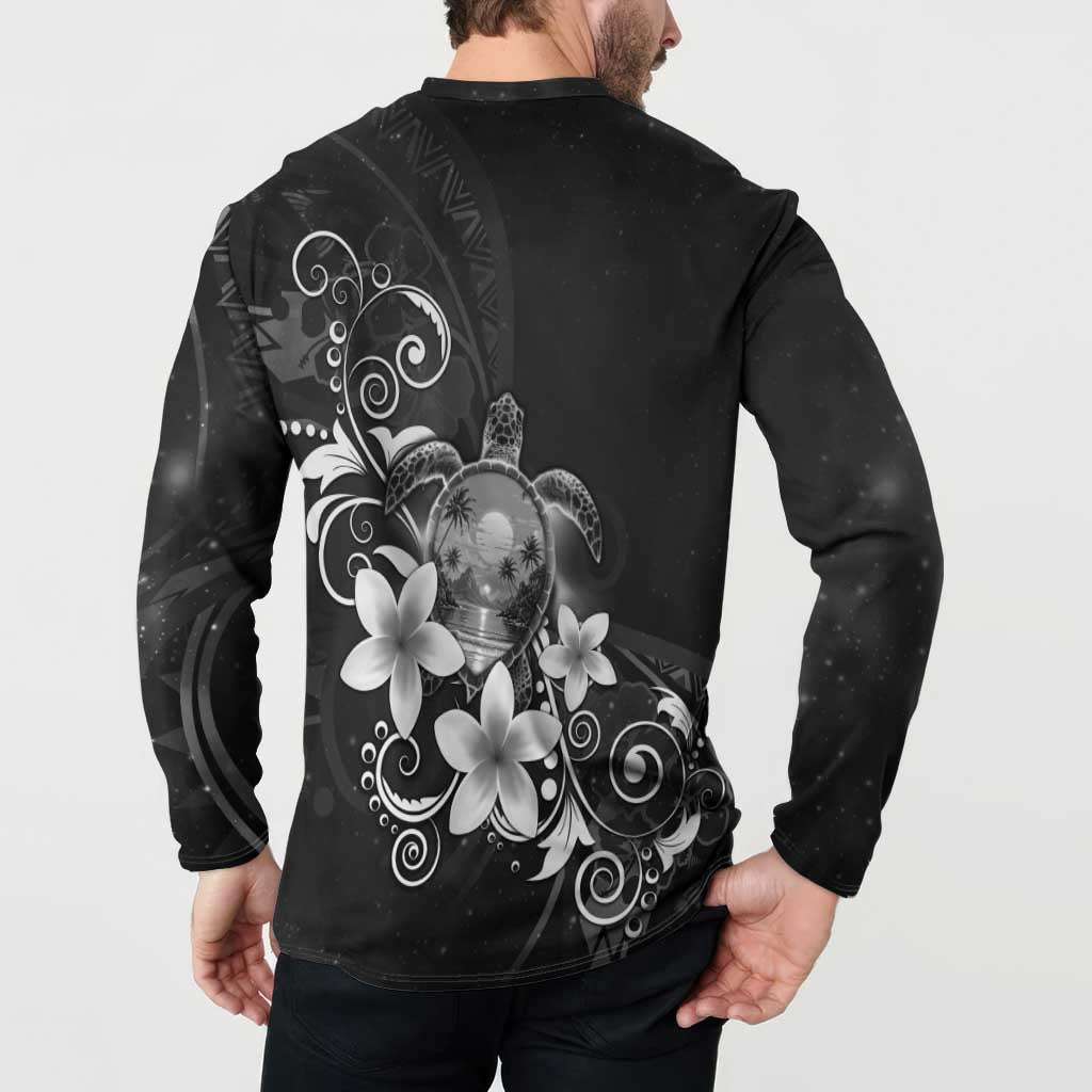 Hawaii Honu Button Sweatshirt Polynesian Curves Plumeria Grayscale - Polynesian Pride