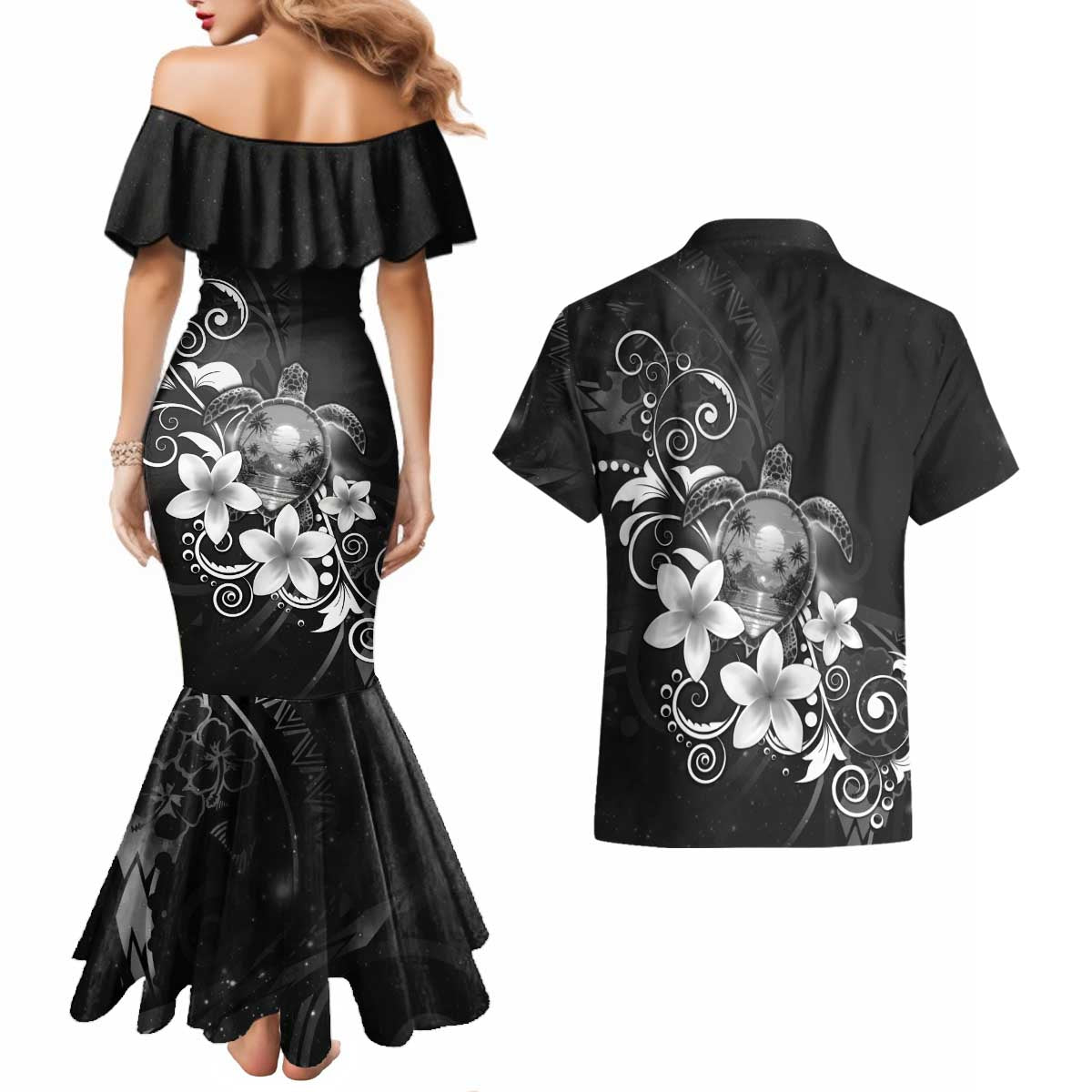 Hawaii Honu Couples Matching Mermaid Dress and Hawaiian Shirt Polynesian Curves Plumeria Grayscale - Polynesian Pride