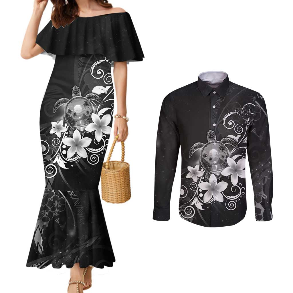 Hawaii Honu Couples Matching Mermaid Dress and Long Sleeve Button Shirt Polynesian Curves Plumeria Grayscale - Polynesian Pride