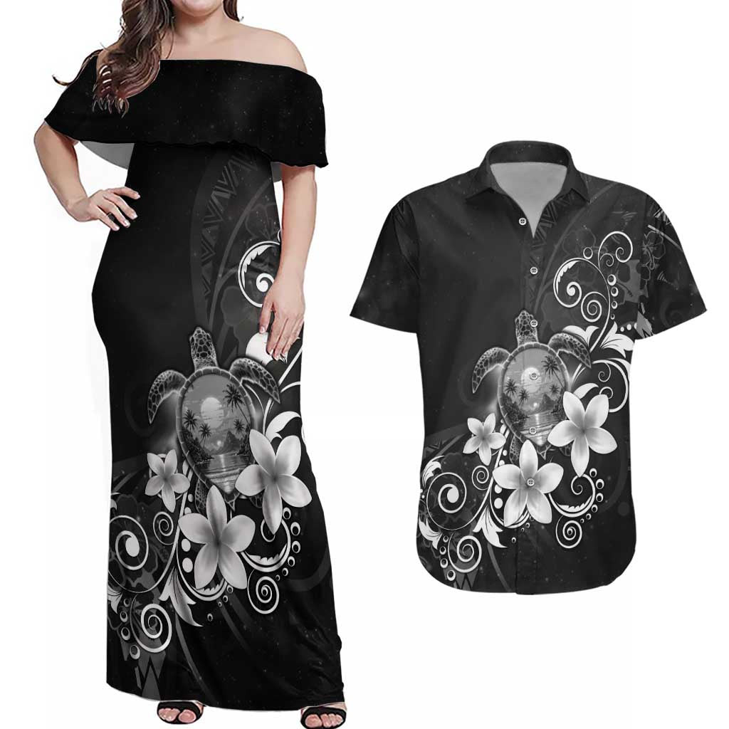 Hawaii Honu Couples Matching Off Shoulder Maxi Dress and Hawaiian Shirt Polynesian Curves Plumeria Grayscale - Polynesian Pride