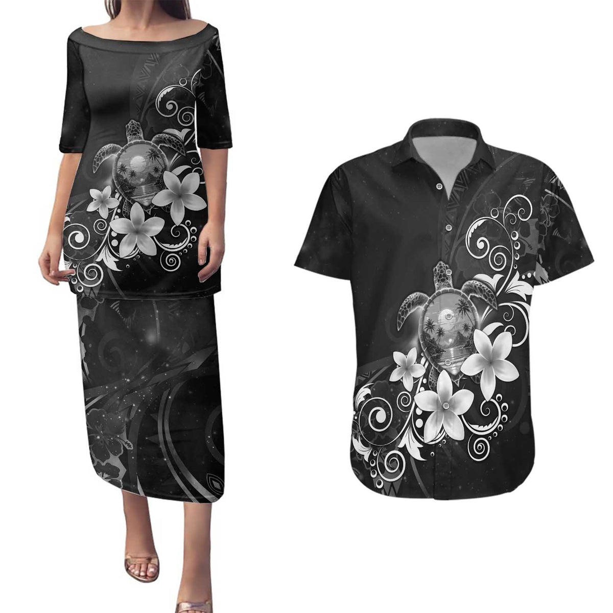 Hawaii Honu Couples Matching Puletasi and Hawaiian Shirt Polynesian Curves Plumeria Grayscale - Polynesian Pride