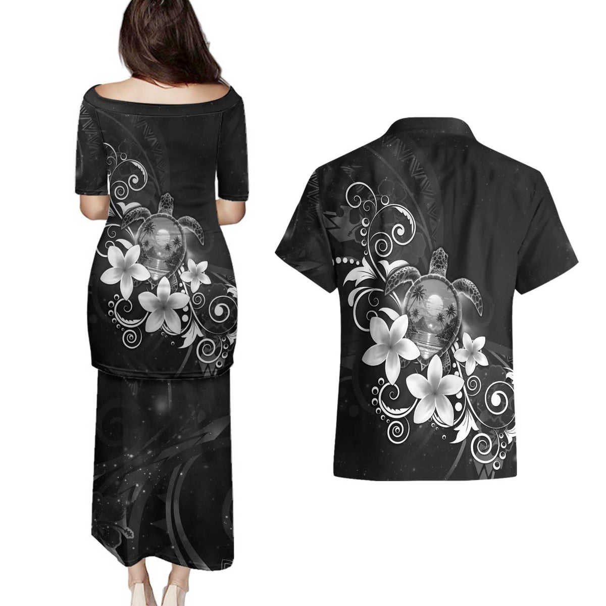 Hawaii Honu Couples Matching Puletasi and Hawaiian Shirt Polynesian Curves Plumeria Grayscale - Polynesian Pride