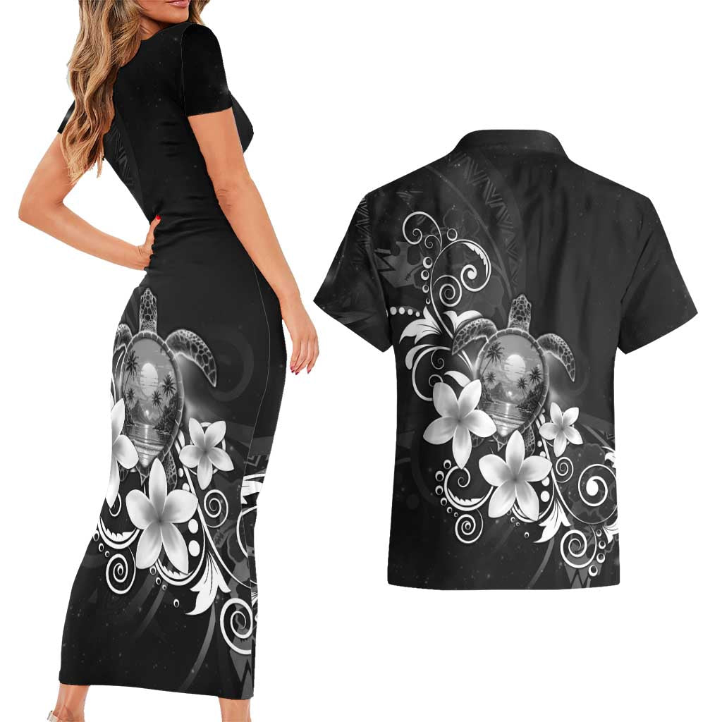 Hawaii Honu Couples Matching Short Sleeve Bodycon Dress and Hawaiian Shirt Polynesian Curves Plumeria Grayscale - Polynesian Pride