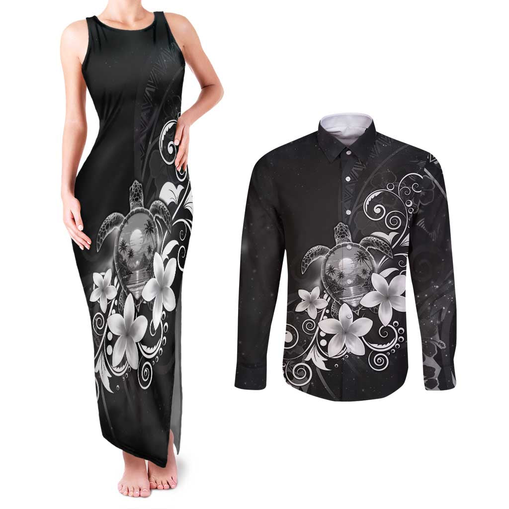 Hawaii Honu Couples Matching Tank Maxi Dress and Long Sleeve Button Shirt Polynesian Curves Plumeria Grayscale - Polynesian Pride
