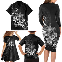 Hawaii Honu Family Matching Long Sleeve Bodycon Dress and Hawaiian Shirt Polynesian Curves Plumeria Grayscale LT05 - Polynesian Pride