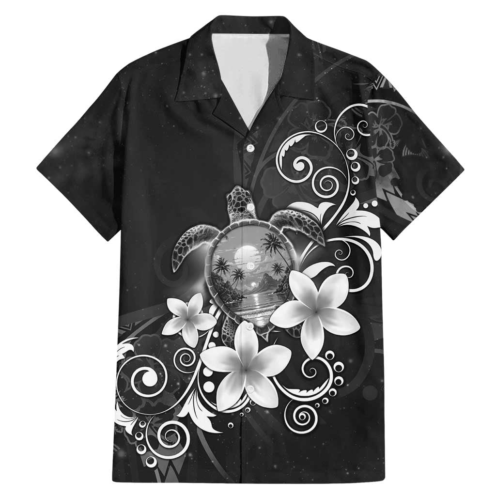 Hawaii Honu Family Matching Mermaid Dress and Hawaiian Shirt Polynesian Curves Plumeria Grayscale LT05 Dad's Shirt - Short Sleeve Black - Polynesian Pride