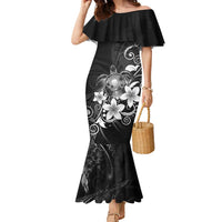 Hawaii Honu Family Matching Mermaid Dress and Hawaiian Shirt Polynesian Curves Plumeria Grayscale LT05 Mom's Dress Black - Polynesian Pride