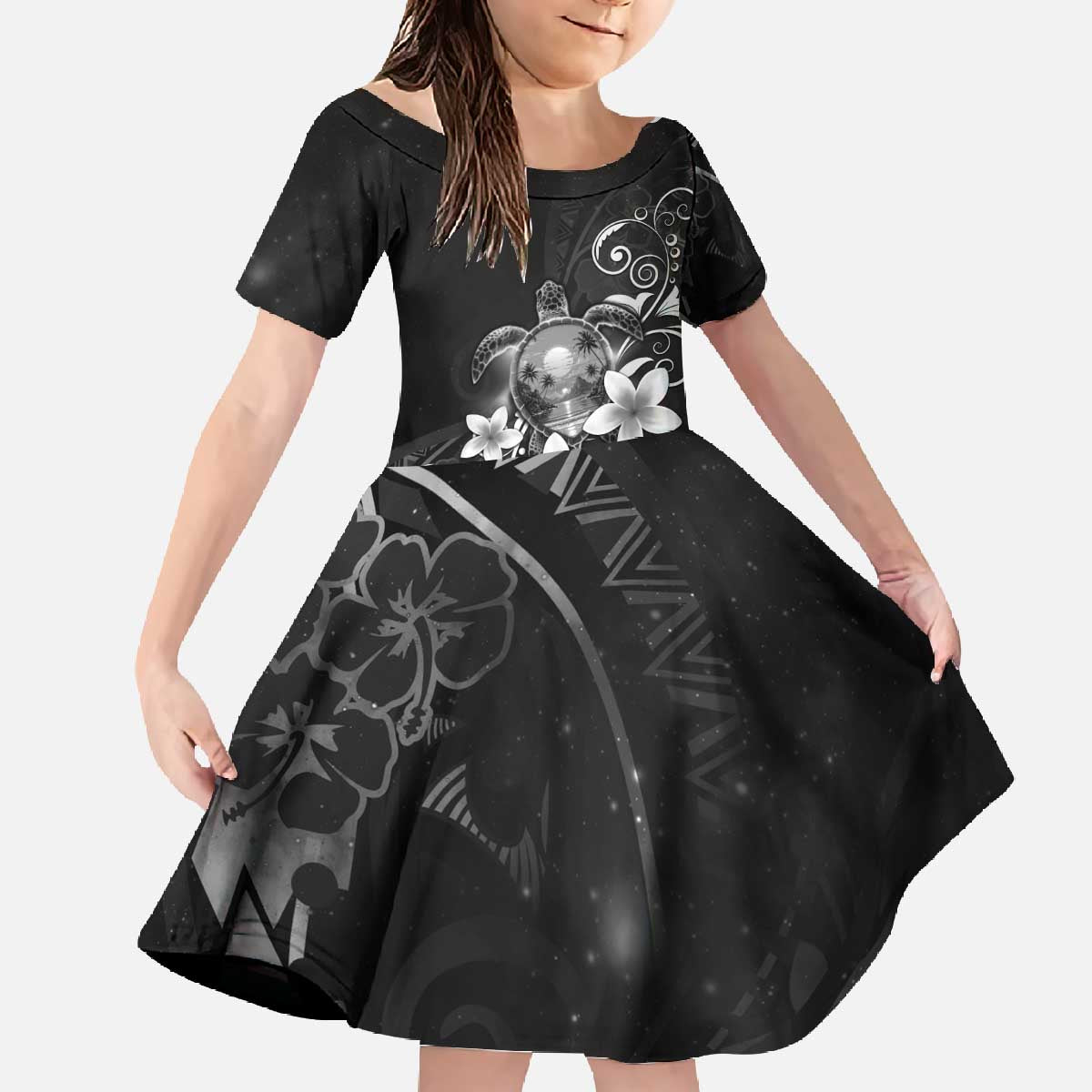 Hawaii Honu Family Matching Off The Shoulder Long Sleeve Dress and Hawaiian Shirt Polynesian Curves Plumeria Grayscale LT05 Daughter's Dress Black - Polynesian Pride