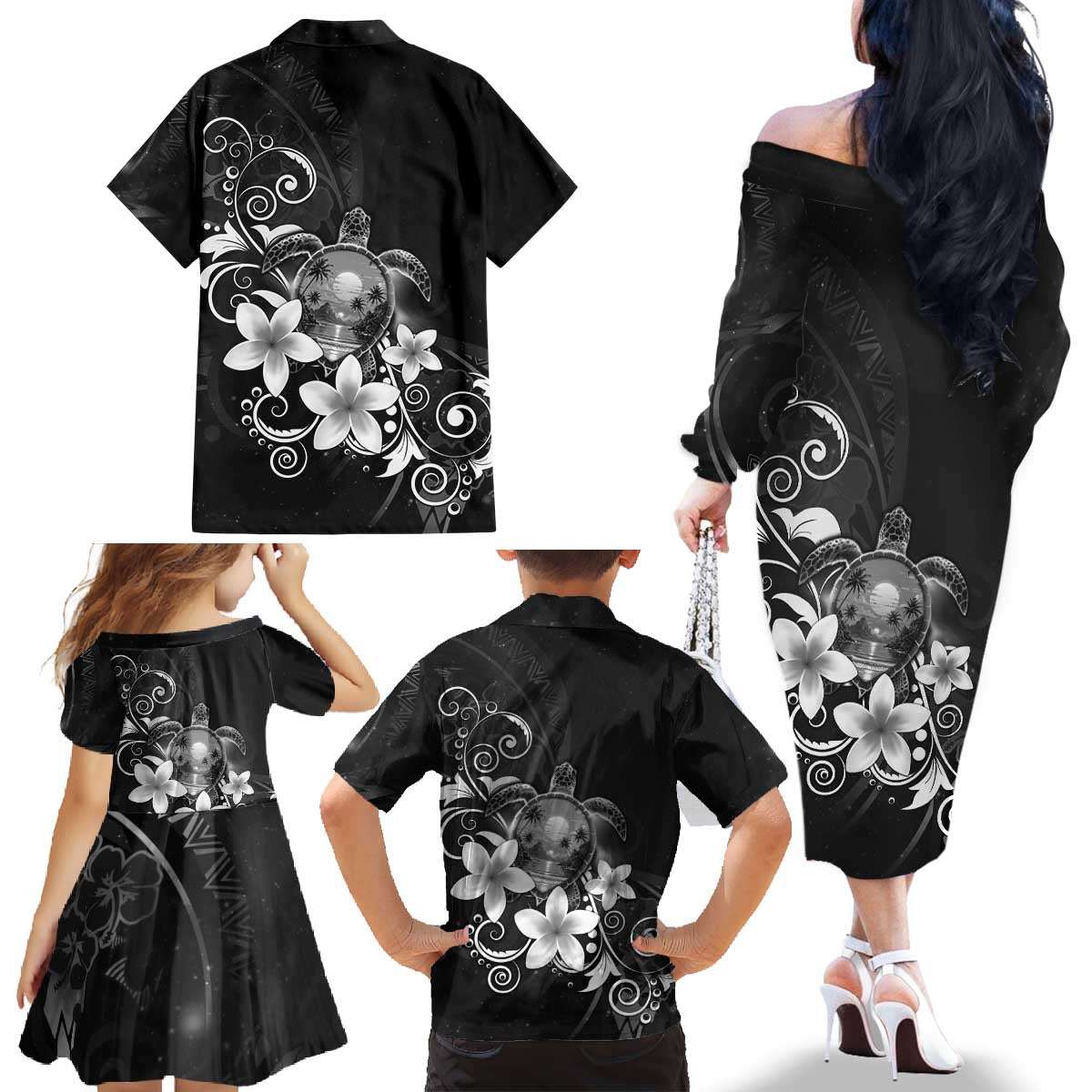 Hawaii Honu Family Matching Off The Shoulder Long Sleeve Dress and Hawaiian Shirt Polynesian Curves Plumeria Grayscale LT05 - Polynesian Pride