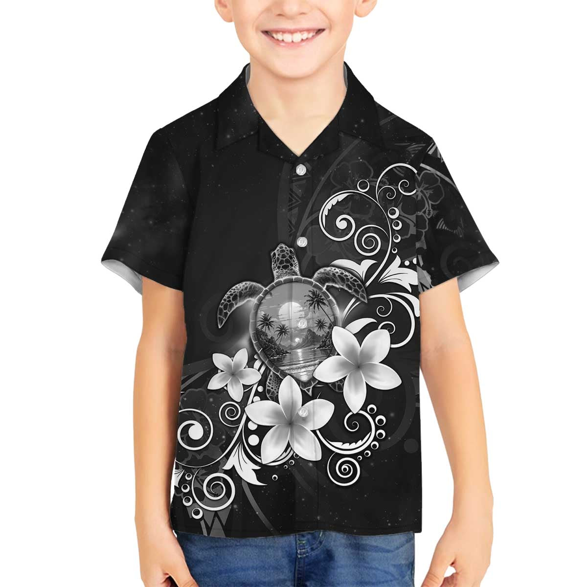 Hawaii Honu Family Matching Off The Shoulder Long Sleeve Dress and Hawaiian Shirt Polynesian Curves Plumeria Grayscale LT05 Son's Shirt Black - Polynesian Pride