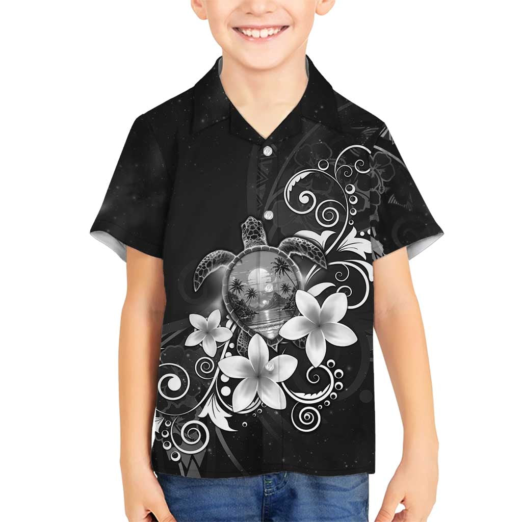 Hawaii Honu Family Matching Off Shoulder Maxi Dress and Hawaiian Shirt Polynesian Curves Plumeria Grayscale LT05 Son's Shirt Black - Polynesian Pride
