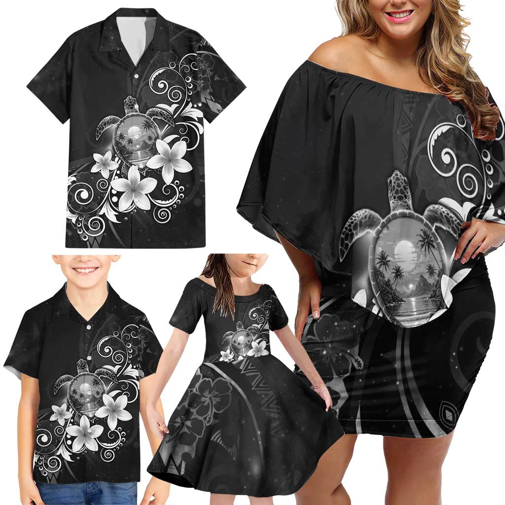 Hawaii Honu Family Matching Off Shoulder Short Dress and Hawaiian Shirt Polynesian Curves Plumeria Grayscale LT05 - Polynesian Pride
