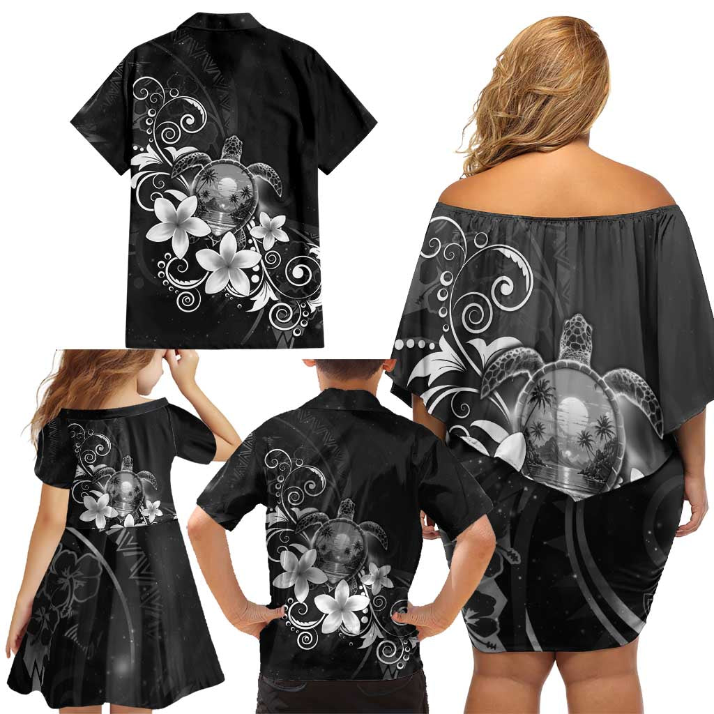 Hawaii Honu Family Matching Off Shoulder Short Dress and Hawaiian Shirt Polynesian Curves Plumeria Grayscale LT05 - Polynesian Pride
