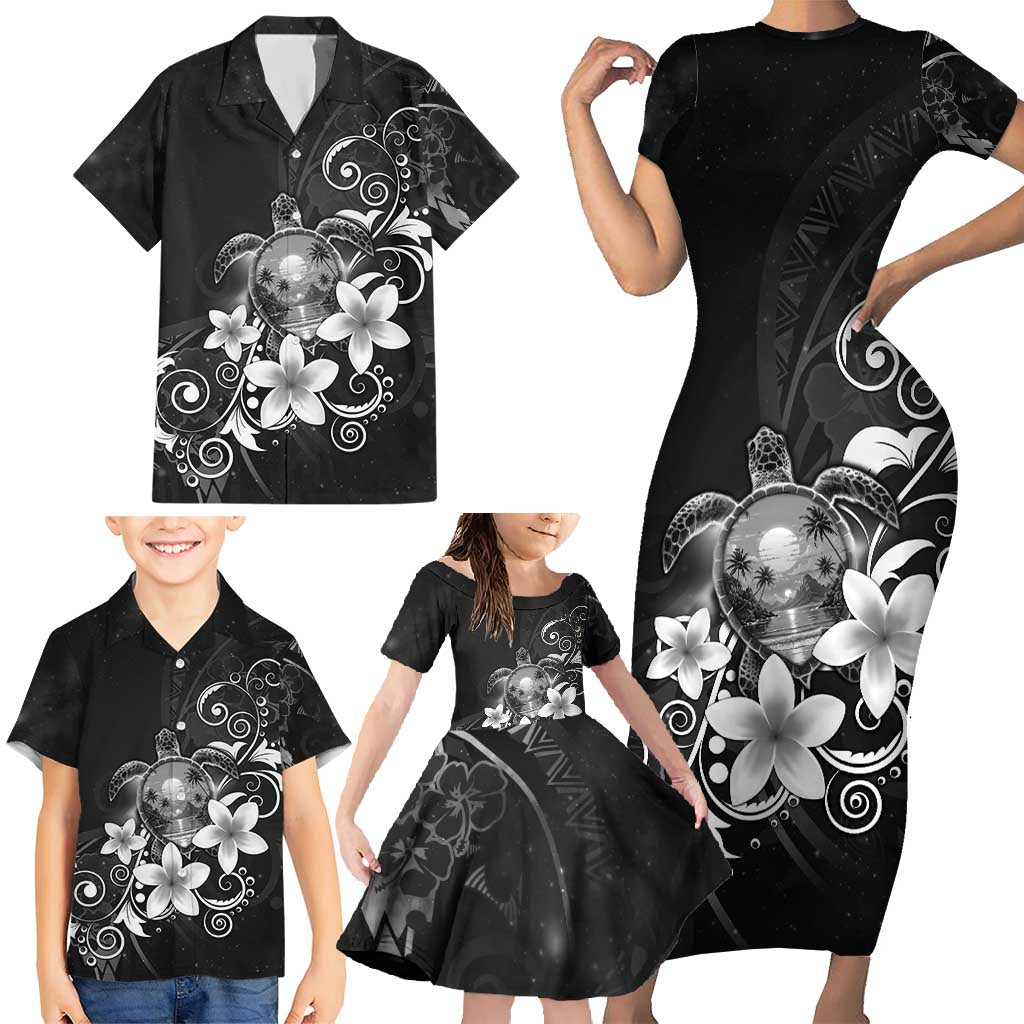 Hawaii Honu Family Matching Short Sleeve Bodycon Dress and Hawaiian Shirt Polynesian Curves Plumeria Grayscale LT05 - Polynesian Pride