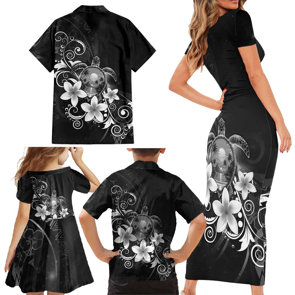 Hawaii Honu Family Matching Short Sleeve Bodycon Dress and Hawaiian Shirt Polynesian Curves Plumeria Grayscale LT05 - Polynesian Pride