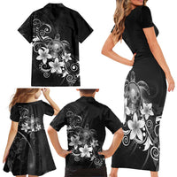 Hawaii Honu Family Matching Short Sleeve Bodycon Dress and Hawaiian Shirt Polynesian Curves Plumeria Grayscale LT05 - Polynesian Pride