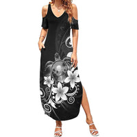 Hawaii Honu Family Matching Summer Maxi Dress and Hawaiian Shirt Polynesian Curves Plumeria Grayscale LT05 Mom's Dress Black - Polynesian Pride