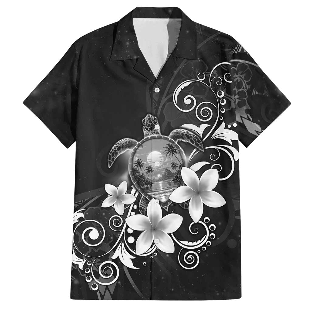 Hawaii Honu Family Matching Tank Maxi Dress and Hawaiian Shirt Polynesian Curves Plumeria Grayscale LT05 Dad's Shirt - Short Sleeve Black - Polynesian Pride