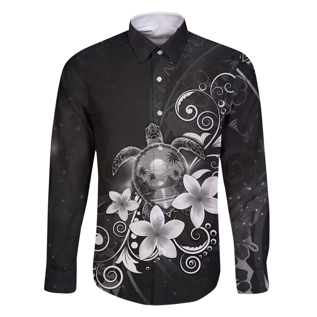 Hawaii Honu Family Matching Tank Maxi Dress and Hawaiian Shirt Polynesian Curves Plumeria Grayscale LT05 Dad's Shirt - Long Sleeve Black - Polynesian Pride