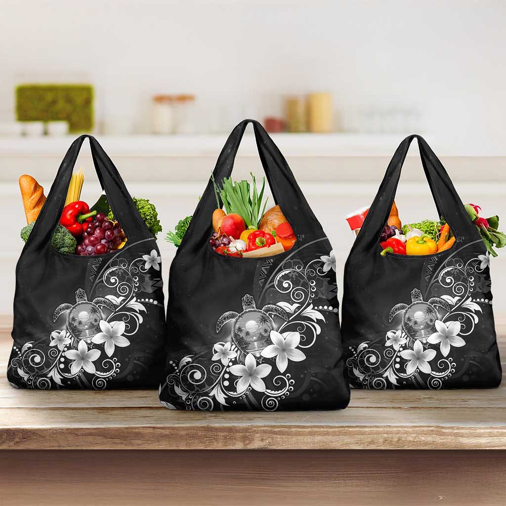 Hawaii Honu Grocery Bag Polynesian Curves Plumeria Grayscale - Polynesian Pride