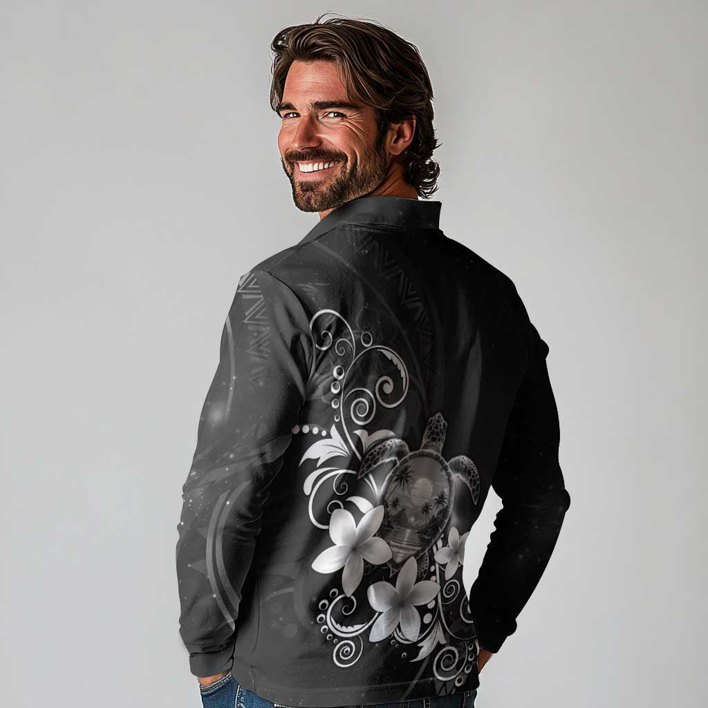 Hawaii Honu Long Sleeve Polo Shirt Polynesian Curves Plumeria Grayscale - Polynesian Pride