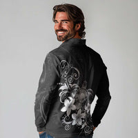 Hawaii Honu Long Sleeve Polo Shirt Polynesian Curves Plumeria Grayscale - Polynesian Pride