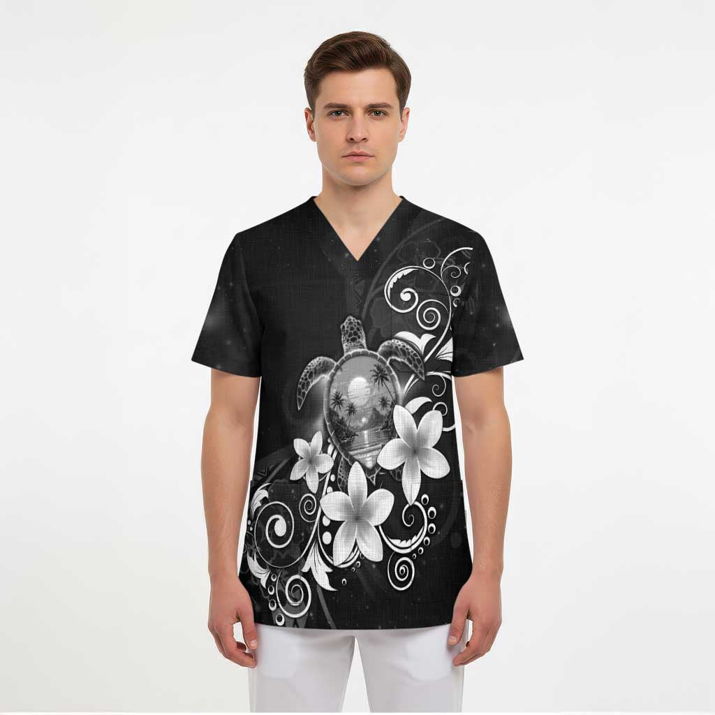 Hawaii Honu Scrub Top Polynesian Curves Plumeria Grayscale - Polynesian Pride