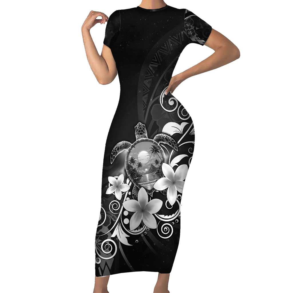 Hawaii Honu Short Sleeve Bodycon Dress Polynesian Curves Plumeria Grayscale - Polynesian Pride