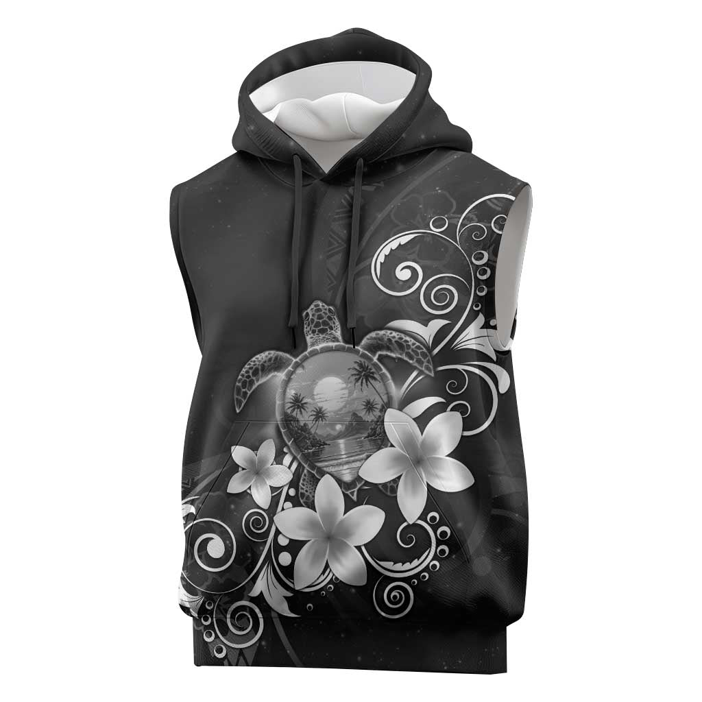 Hawaii Honu Sleeveless Hoodie Polynesian Curves Plumeria Grayscale LT05 Black - Polynesian Pride