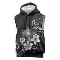 Hawaii Honu Sleeveless Hoodie Polynesian Curves Plumeria Grayscale LT05 Black - Polynesian Pride