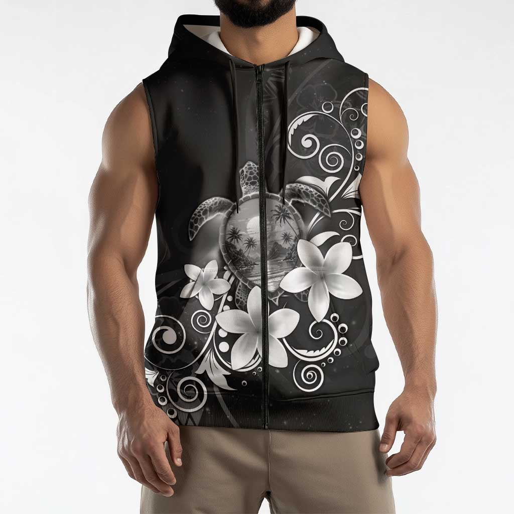 Hawaii Honu Sleeveless Zip Hoodie Polynesian Curves Plumeria Grayscale - Polynesian Pride