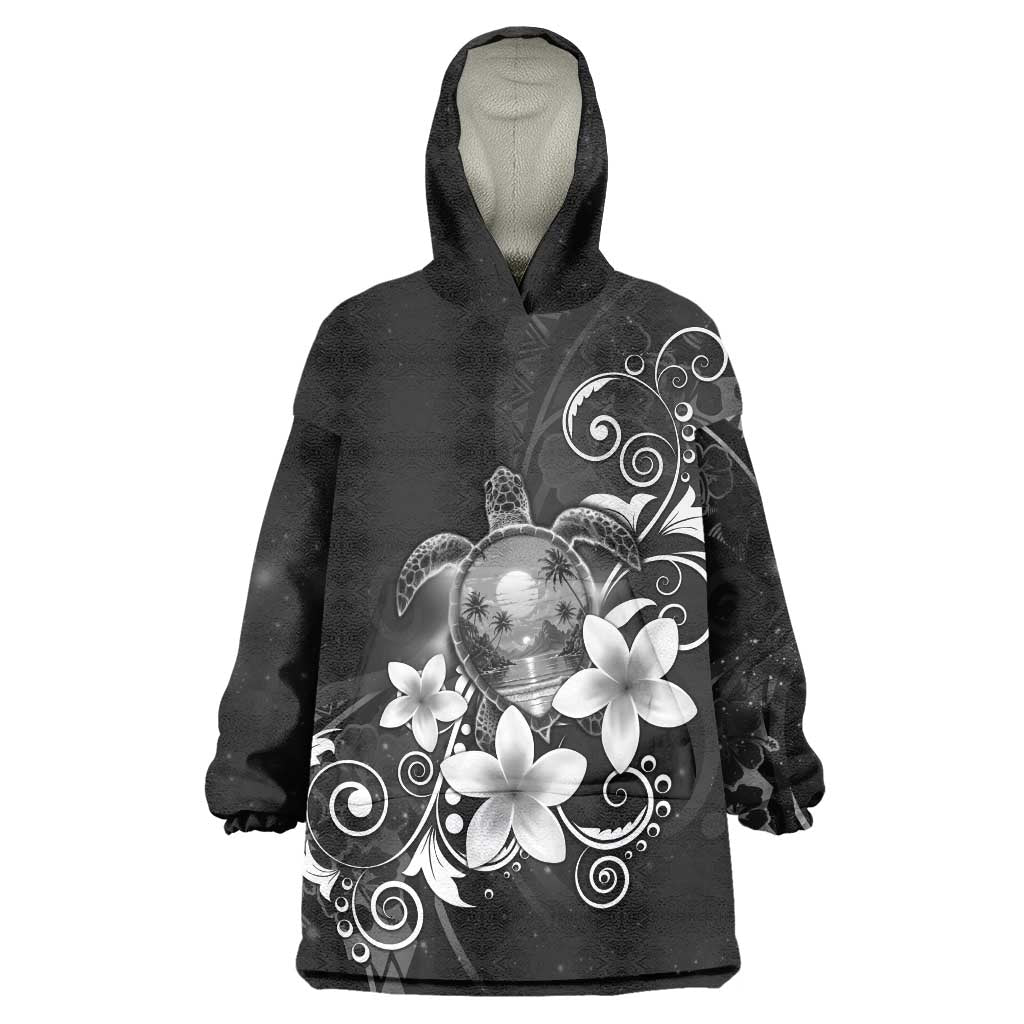 Hawaii Honu Wearable Blanket Hoodie Polynesian Curves Plumeria Grayscale LT05 One Size Black - Polynesian Pride