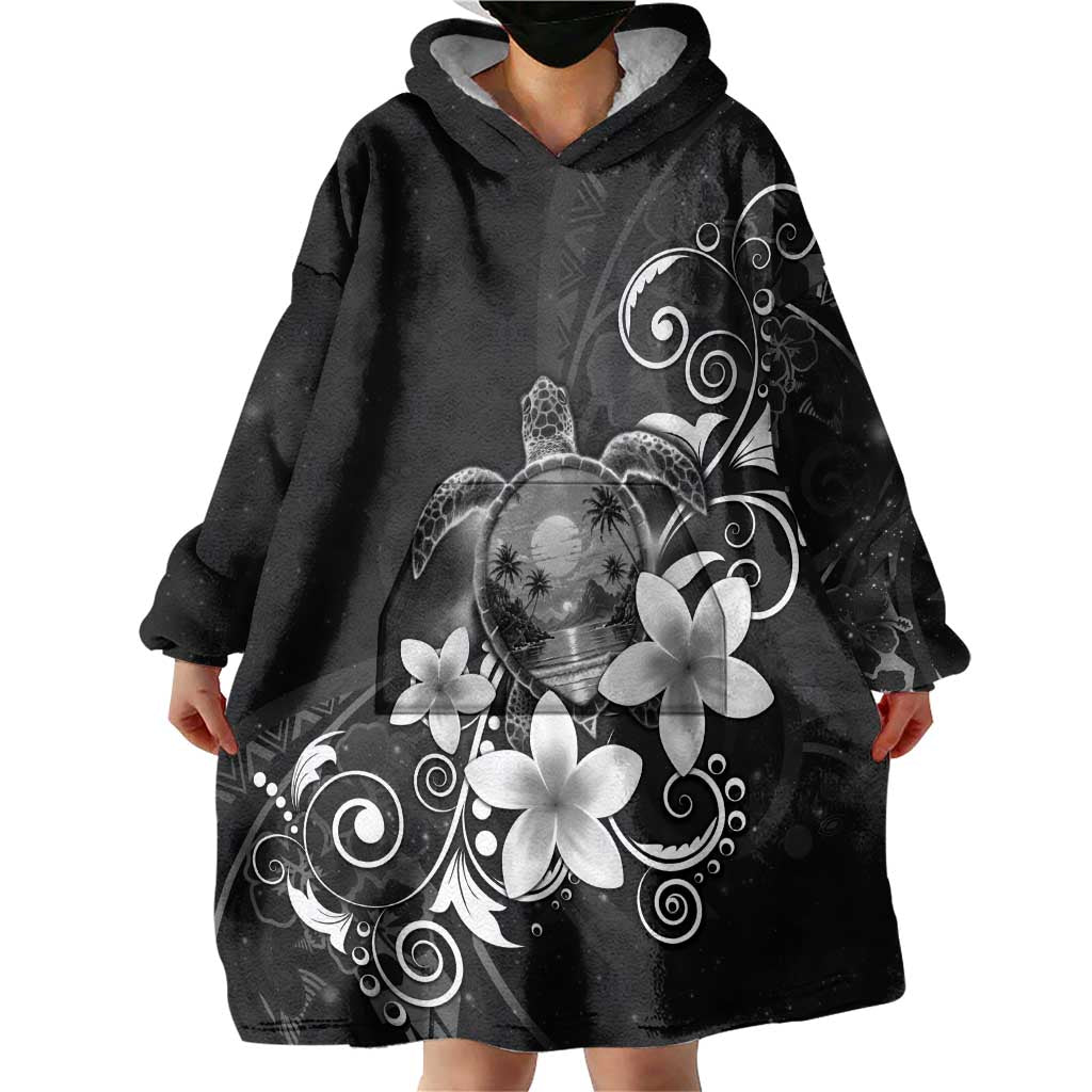 Hawaii Honu Wearable Blanket Hoodie Polynesian Curves Plumeria Grayscale LT05 - Polynesian Pride