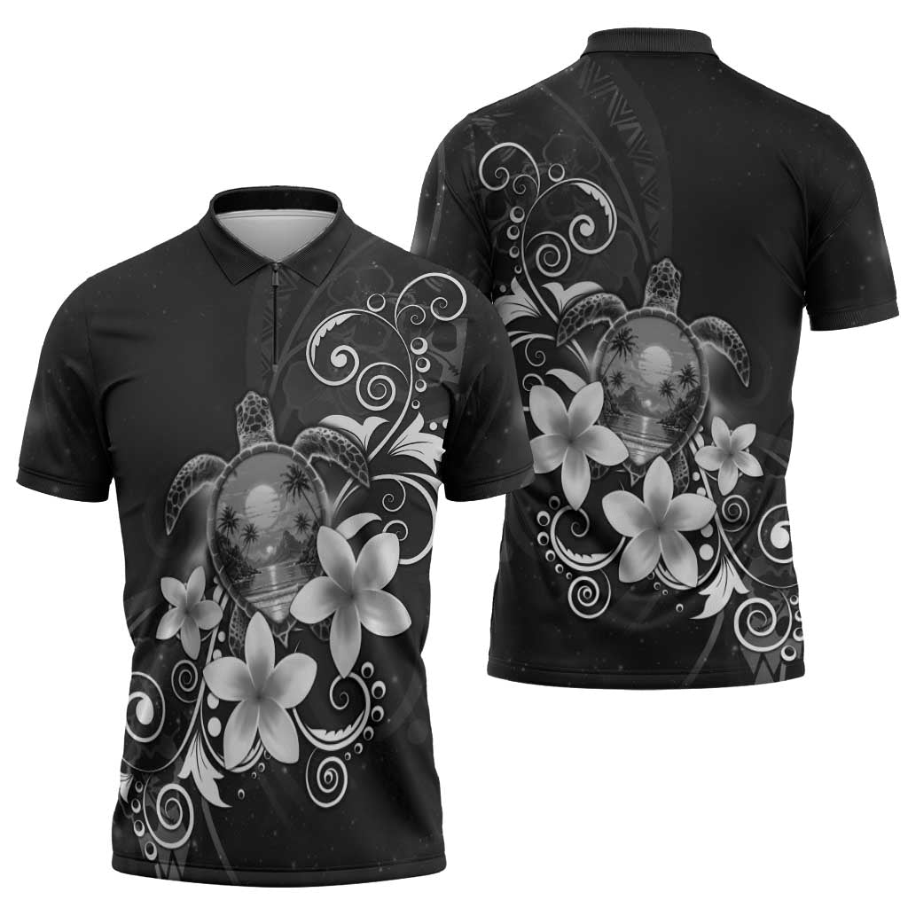 Hawaii Honu Zipper Polo Shirt Polynesian Curves Plumeria Grayscale - Polynesian Pride