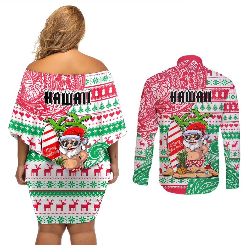 Hawaii Christmas Couples Matching Off Shoulder Short Dress and Long Sleeve Button Shirts Santa Claus Surf Mele Kalikimaka LT05 - Polynesian Pride