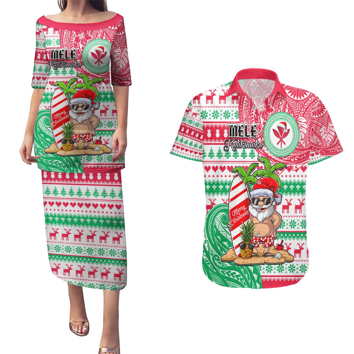 Hawaii Christmas Couples Matching Puletasi Dress and Hawaiian Shirt Santa Claus Surf Mele Kalikimaka LT05 Red - Polynesian Pride