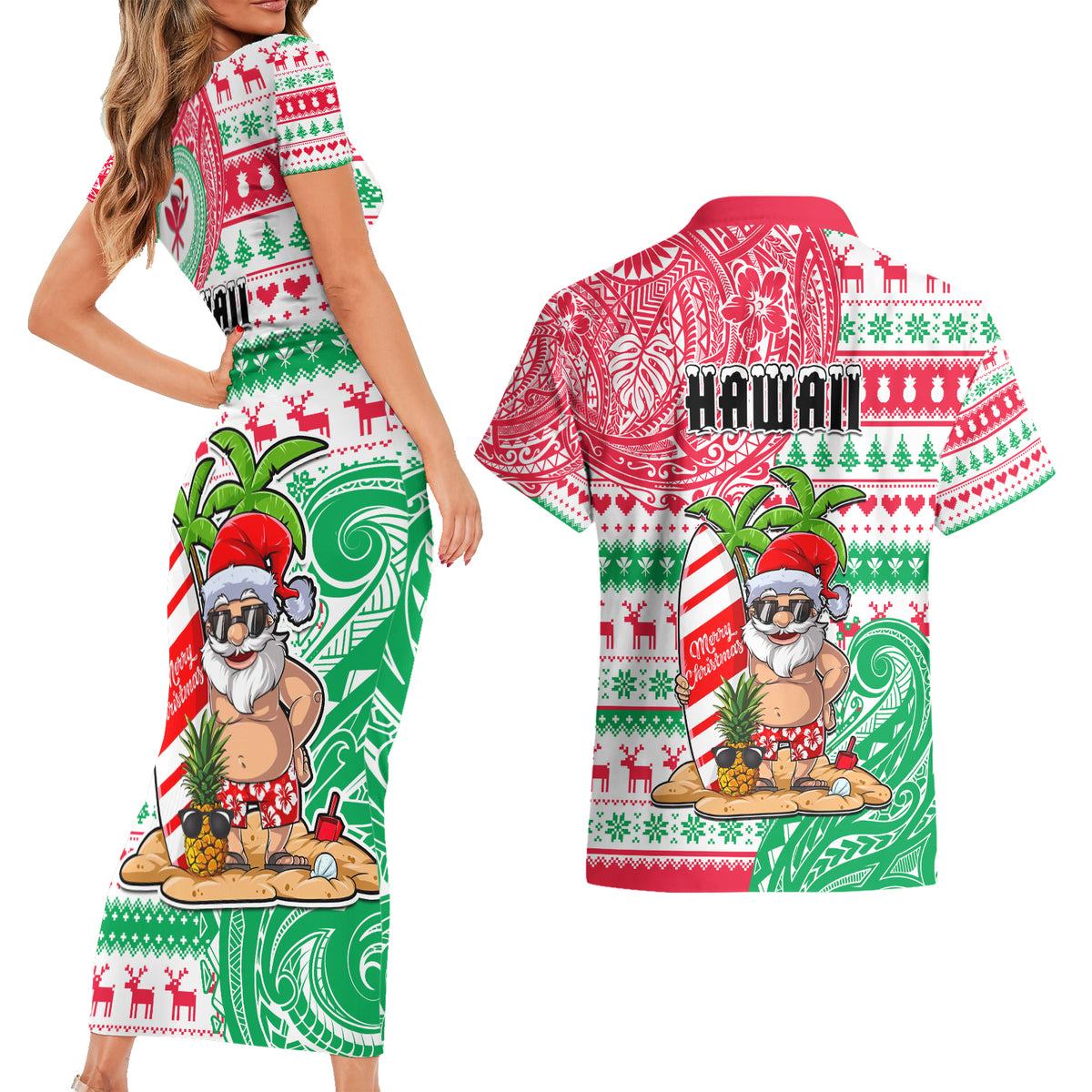 Hawaii Christmas Couples Matching Short Sleeve Bodycon Dress and Hawaiian Shirt Santa Claus Surf Mele Kalikimaka LT05 - Polynesian Pride