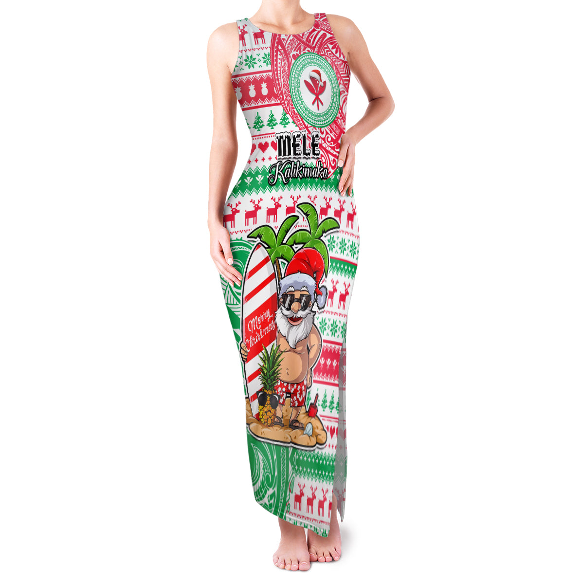 Hawaii Christmas Family Matching Tank Maxi Dress and Hawaiian Shirt Santa Claus Surf Mele Kalikimaka LT05 Mom's Dress Red - Polynesian Pride