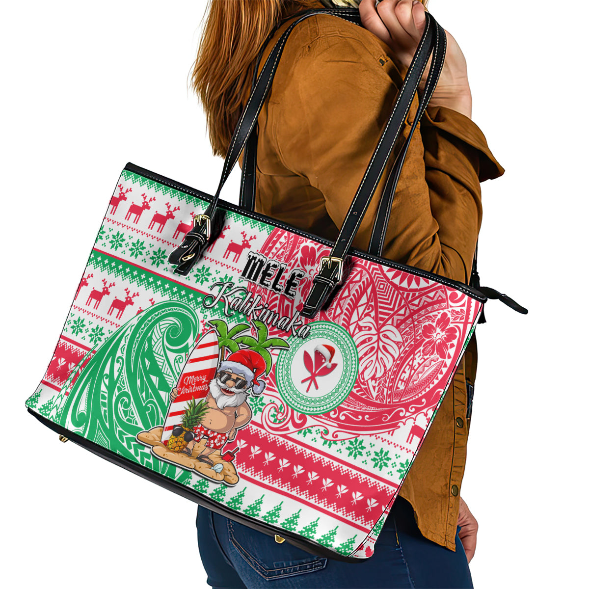 Hawaii Christmas Leather Tote Bag Santa Claus Surf Mele Kalikimaka LT05 - Polynesian Pride
