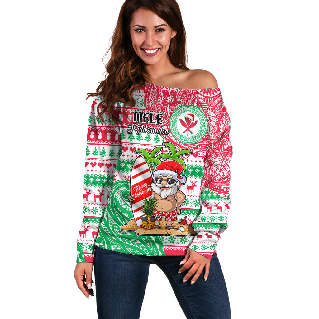 Hawaii Christmas Off Shoulder Sweater Santa Claus Surf Mele Kalikimaka LT05 Women Red - Polynesian Pride
