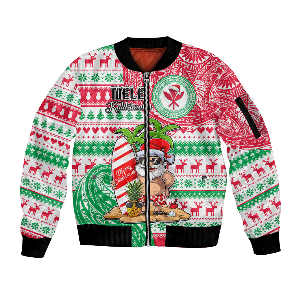 Hawaii Christmas Sleeve Zip Bomber Jacket Santa Claus Surf Mele Kalikimaka LT05 Unisex Red - Polynesian Pride
