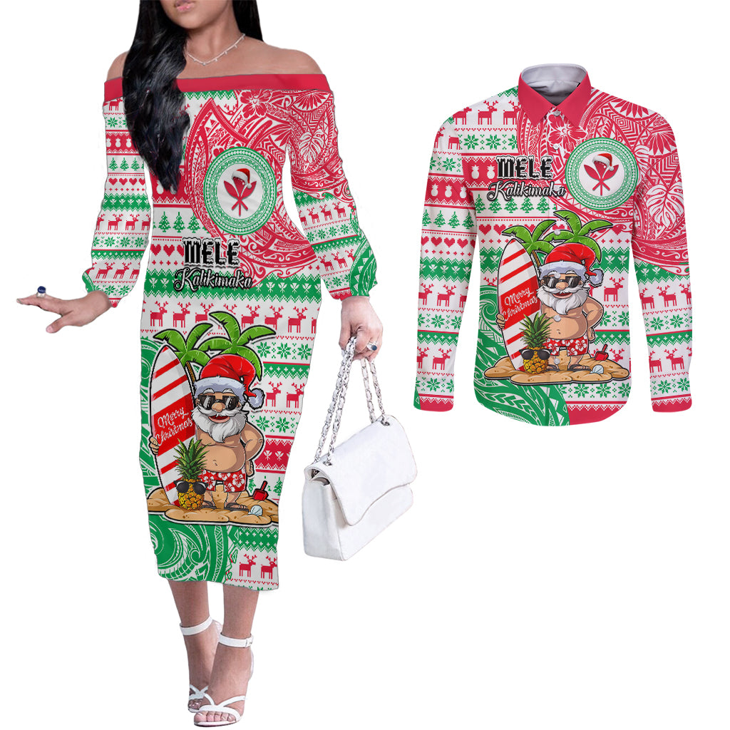 Personalized Hawaii Christmas Couples Matching Off The Shoulder Long Sleeve Dress and Long Sleeve Button Shirts Santa Claus Surf Mele Kalikimaka LT05 Red - Polynesian Pride