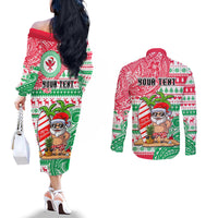 Personalized Hawaii Christmas Couples Matching Off The Shoulder Long Sleeve Dress and Long Sleeve Button Shirts Santa Claus Surf Mele Kalikimaka LT05 - Polynesian Pride
